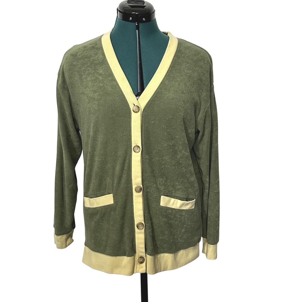 Madewell MWL Cardigan Sweater Womens XS Green Cream V Neck Button Front‎ Pockets